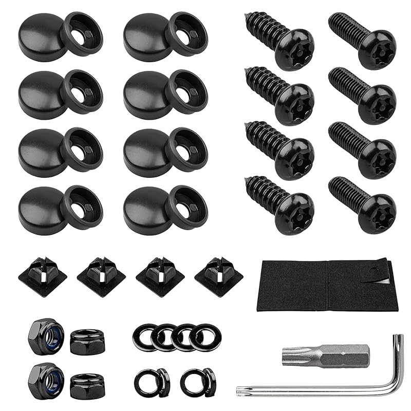 License Plate Screws Kits, Black Anti Theft Mounting Hardware For Car Tag Plate Frames Covers, M6 (1/4") Tamper Proof Screws, Fastener Nut, Caps