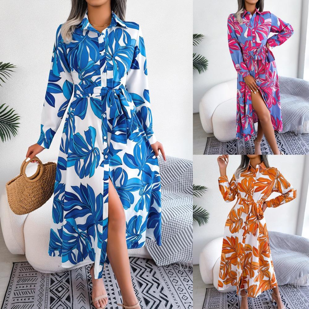 Spring and Summer European and American Contrasting Color Flower Lapel Lace-up Shirt Dress Long Skirt