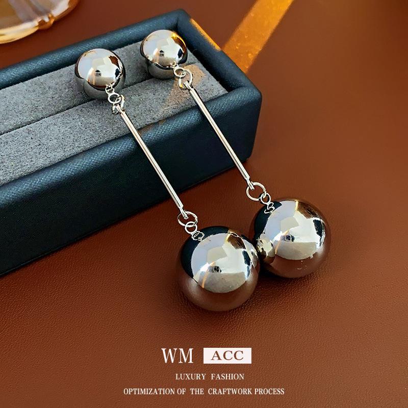 Silver Needle Tassel Earrings with Metal Ball - European & American Style Fashion Niche