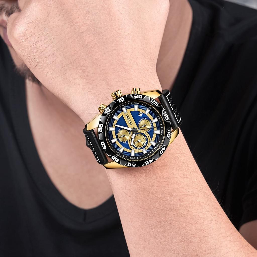 MEGIR Watches for Men Luxury Sports Military Wristwatch Waterproof Luminous Quartz Chronograph Leather Strap Casual Clock 2096