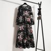 Womens Vintage Floral Print Maxi Dress High Waist Long Sleeve Round Neck Slim Fit A Line