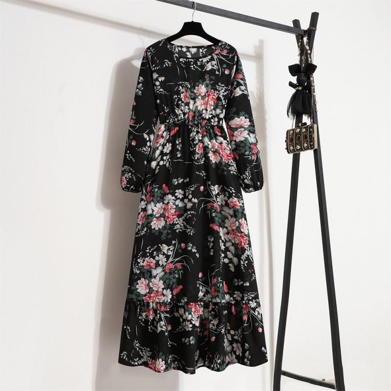 Womens Vintage Floral Print Maxi Dress High Waist Long Sleeve Round Neck Slim Fit A Line