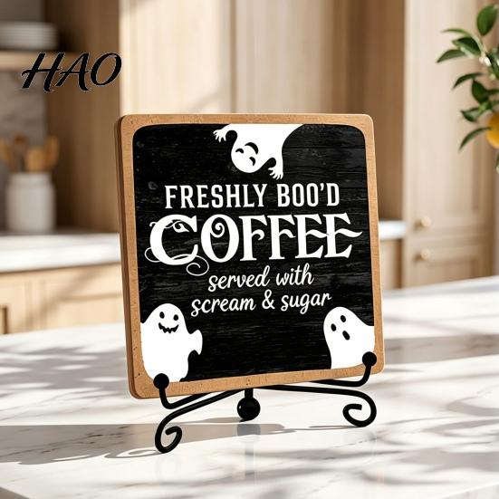 Indoor Holiday Party Supplies Halloween Coffee Bar Wooden Sign with Iron Display Stand for Corner Vintage Style Spooky Signs Tabletop Decor,