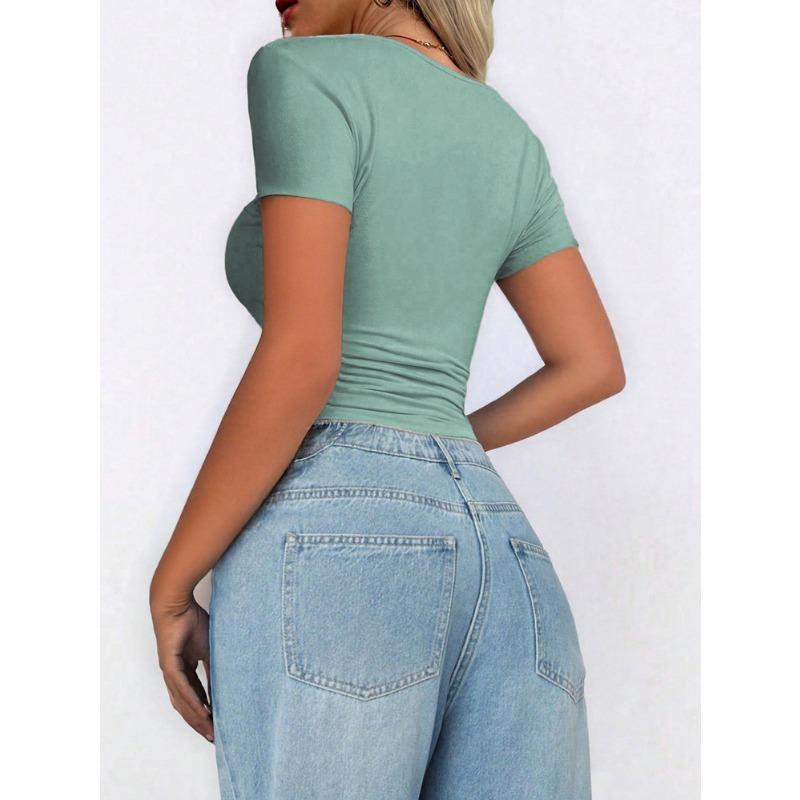 Summer Women Y2K Solid Colour U Neck Sexy Slim Showing Neckline Short Sleeve Women's T-Shirt