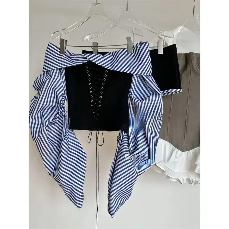 2000-е годы, милый, горячий, сексуальный костюм для женщин, осенний, полосатый, с рукавами-фонариками, топ с открытыми плечами, шорты с низкой талией, комплект из двух предметов, женская одежда