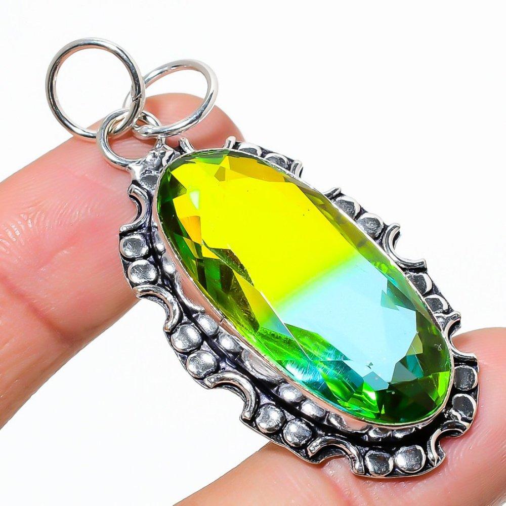 Natural Bi-Color Tourmaline Gemstone 925 Sterling Silver Pendant 2.25" P9h42