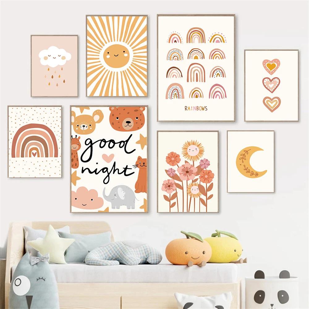 Бохо Радуга Облако Луна Солнце Сердце Постеры и Принты Скандинавское Искусство для Стен Детской Комнаты Картины Декор Дома Холст