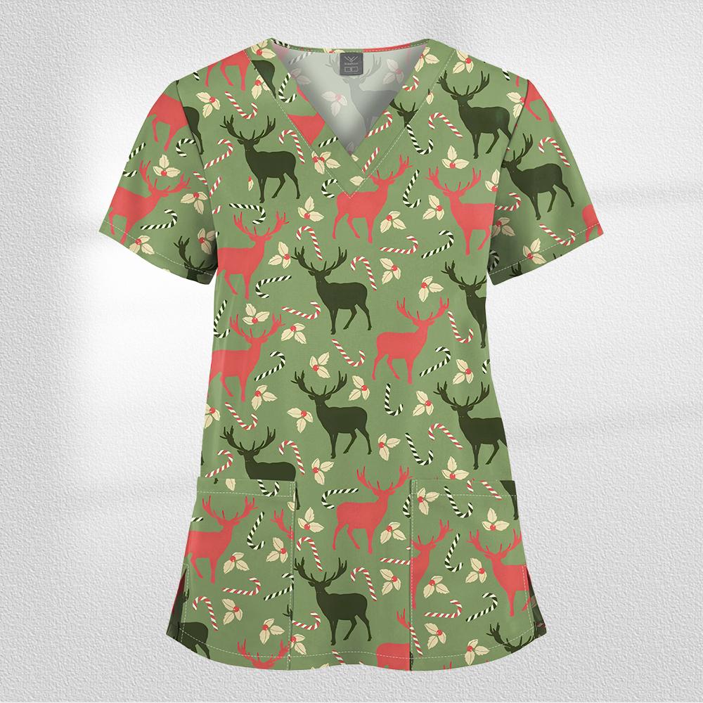 Women Working Uniform Cartoon Animal Print Short Sleeve V-neck T-shirt Tops Femme Blouse Nurse Work Wear Size XXS-6XL