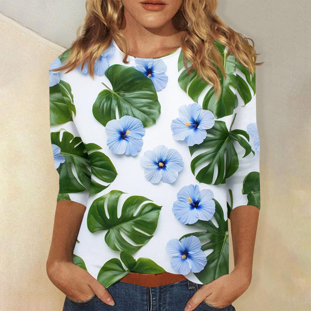 Женская модная повседневная футболка с круглым вырезом и рукавом 3/4, женский топ