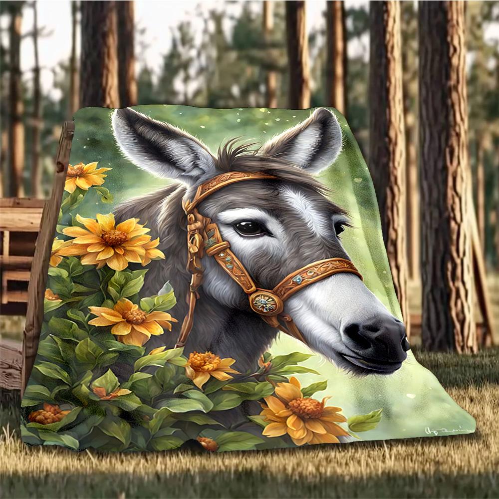 1pc Donkey Headgear Print Outdoor Blanket, Lightweight Polyester,