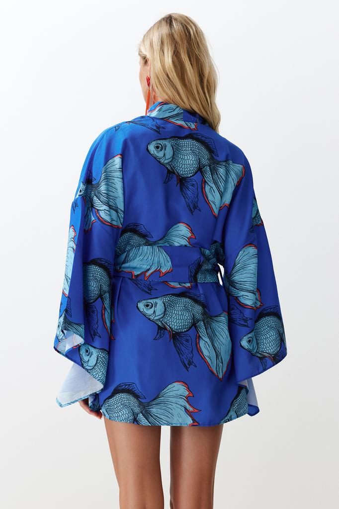 Women's Fashion New Kimono&Kaftan Floral Pattern Belted Mini Woven KimonoKaftan