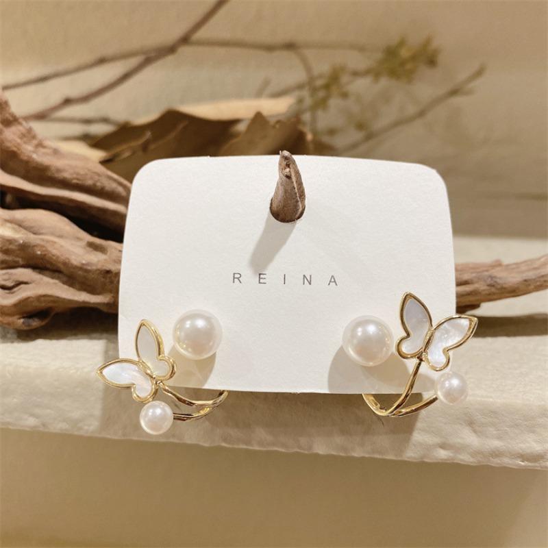 New Korean Light Luxury Imitation Pearl Shell Butterfly Stud Earrings Ladies Fashion Elegant Jewelry Everyday Party Gift