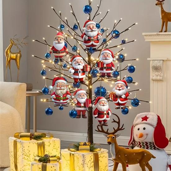 12 Pcs Wooden Santa Claus Ornaments Christmas Tree Hanging Cartoon Santa Claus Decoration for Xmas Tree Party Decor