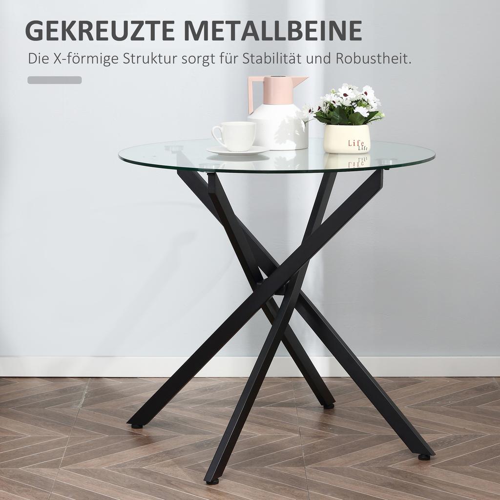 Dining Table with Clear Tempered Glass Top, Round Table with Metal Legs, Modern Kitchen Table for Dining Room Living Room, Black