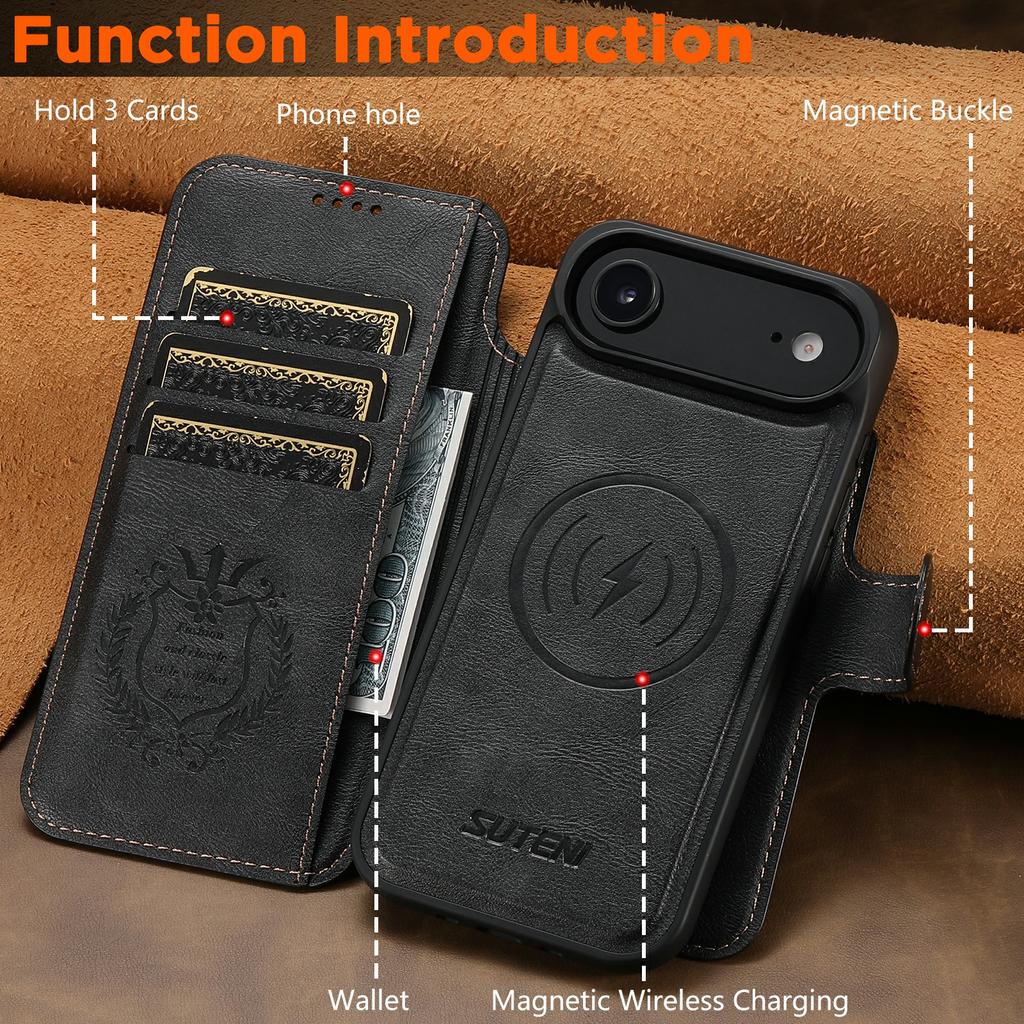 SUTENI Q-05 For iPhone 17 Air Wallet Case 2 in 1 Detachable Leather Flip Phone Cover with Stand