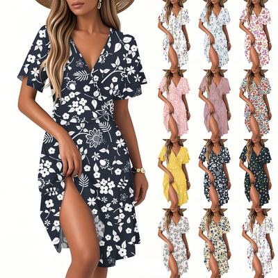 Женское повседневное модное платье с винтажным цветочным принтом и коротким рукавом и V-образным вырезом