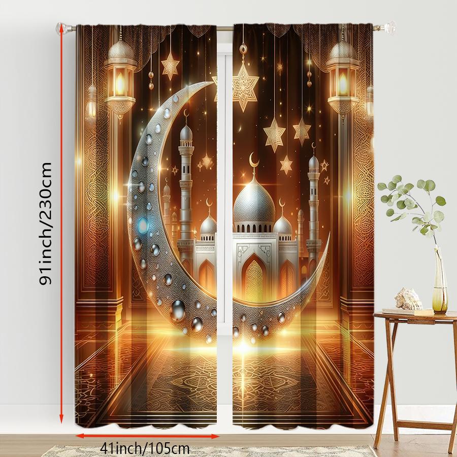 2 шт. Мерцающие шторы с мечетью и полумесяцем, Идеально подходят для декора окон на Рамадан/Ид, Роскошный декор для гостиной и спальни