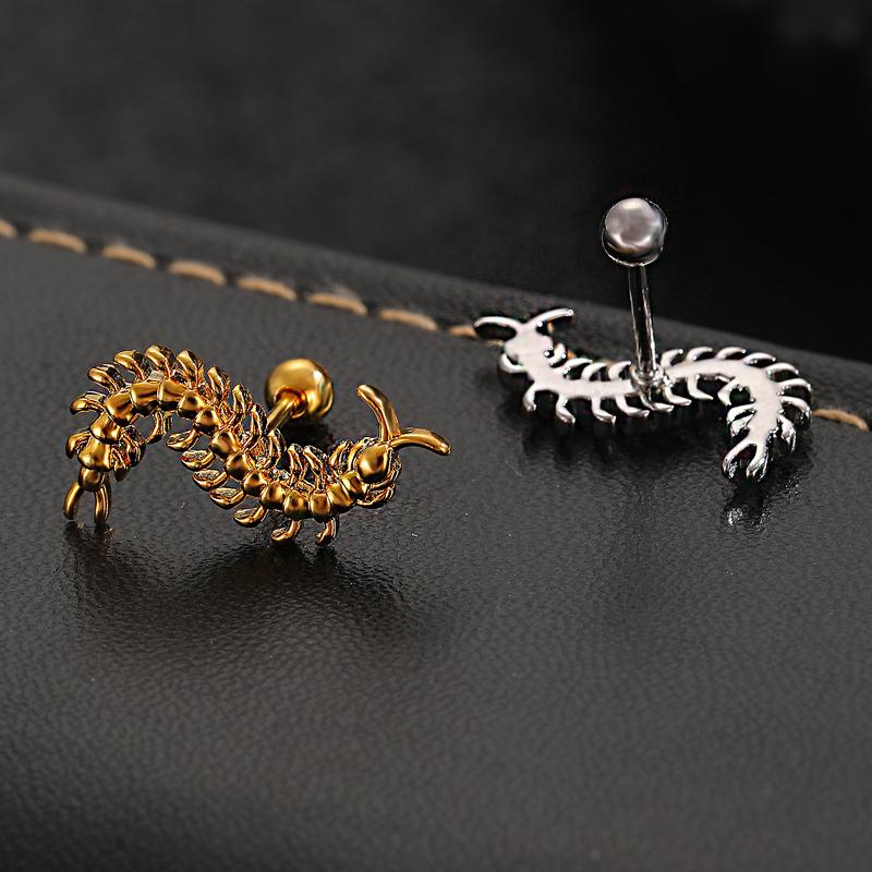 Creative Stainless Steel Centipede Stud Earrings for Women Unique Gold Color Bug Personality Ear Bone Nail Earrings Y2K Jewelry