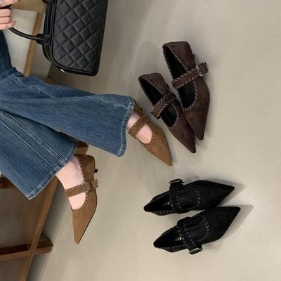 Осень-зима 2025 новая модель туфли-лодочки с острым носком, плетеным тонким ремешком на щиколотке, на тонком каблуке-рюмочке, рабочие, для通勤, модные, женские