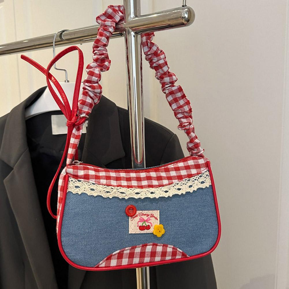 Женская модная клетчатая сумка через плечо с бантом, джинсовая, милая сумка под мышкой, плиссированный дизайн на кулиске, повседневная сумка для работы