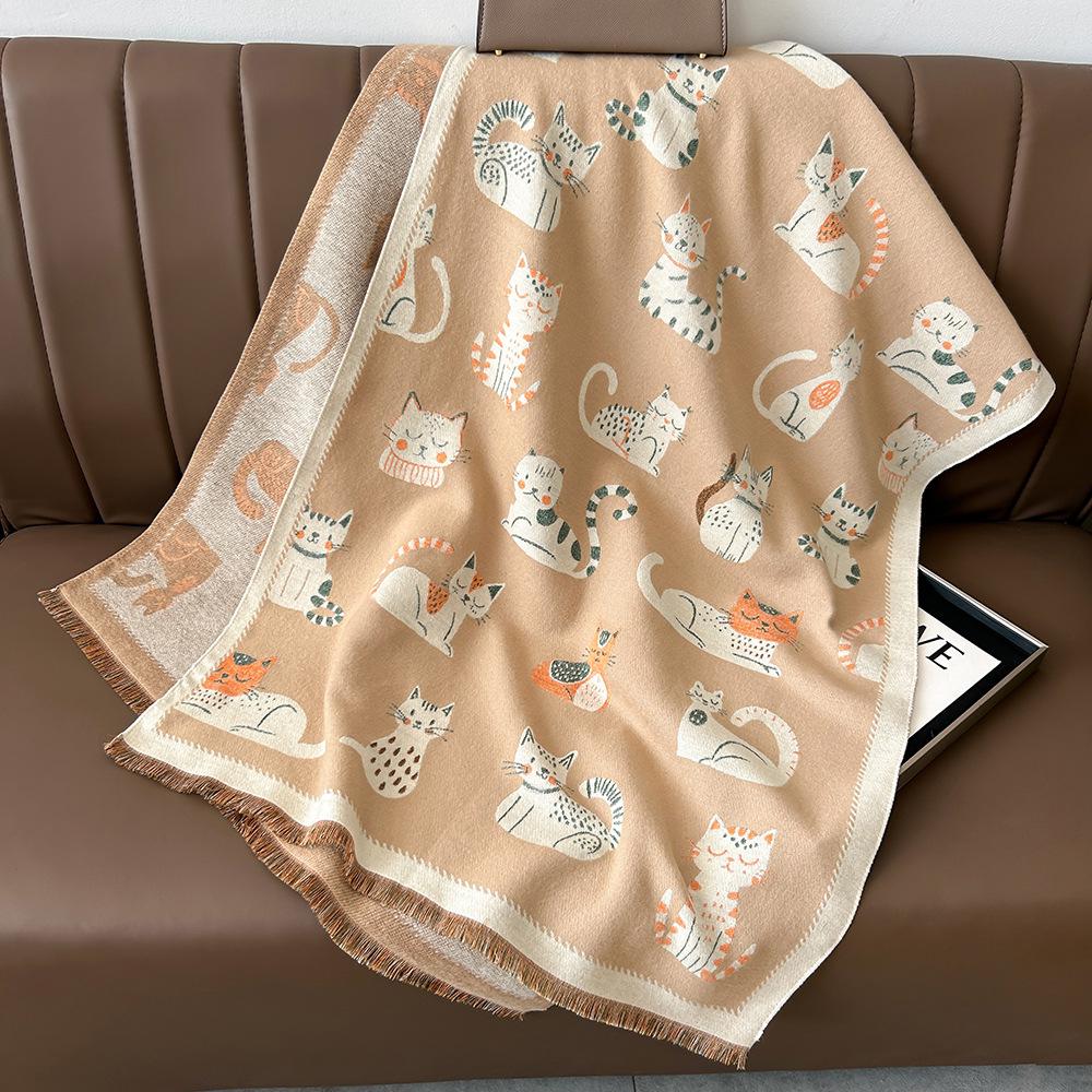 Двусторонний милый кашемировый шарф с котенком - Женский модный зимний шарф-шаль для согревания шеи