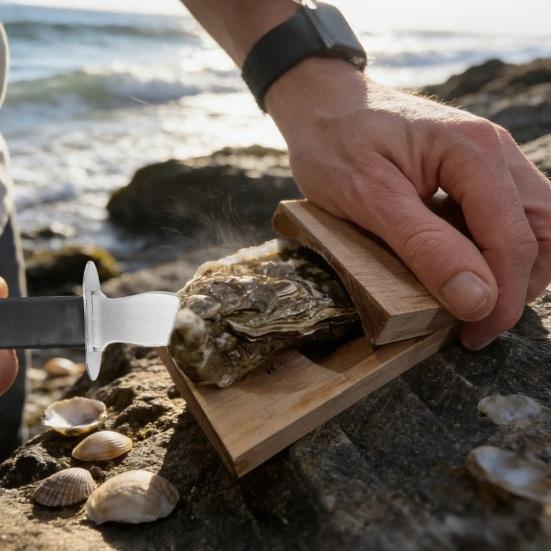 Незаменимый кухонный инструмент для морепродуктов, открывалка для устриц с зажимом, лезвие из нержавеющей стали и эргономичная прочная открывалка, дизайн с деревянной основой