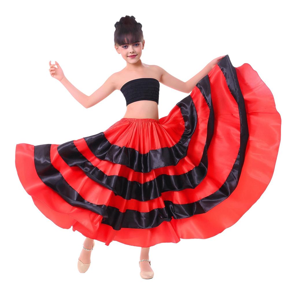 Girls Spanish Flamenco Tiered Ruffles Satin Wide Hem Skirt Performance Costume