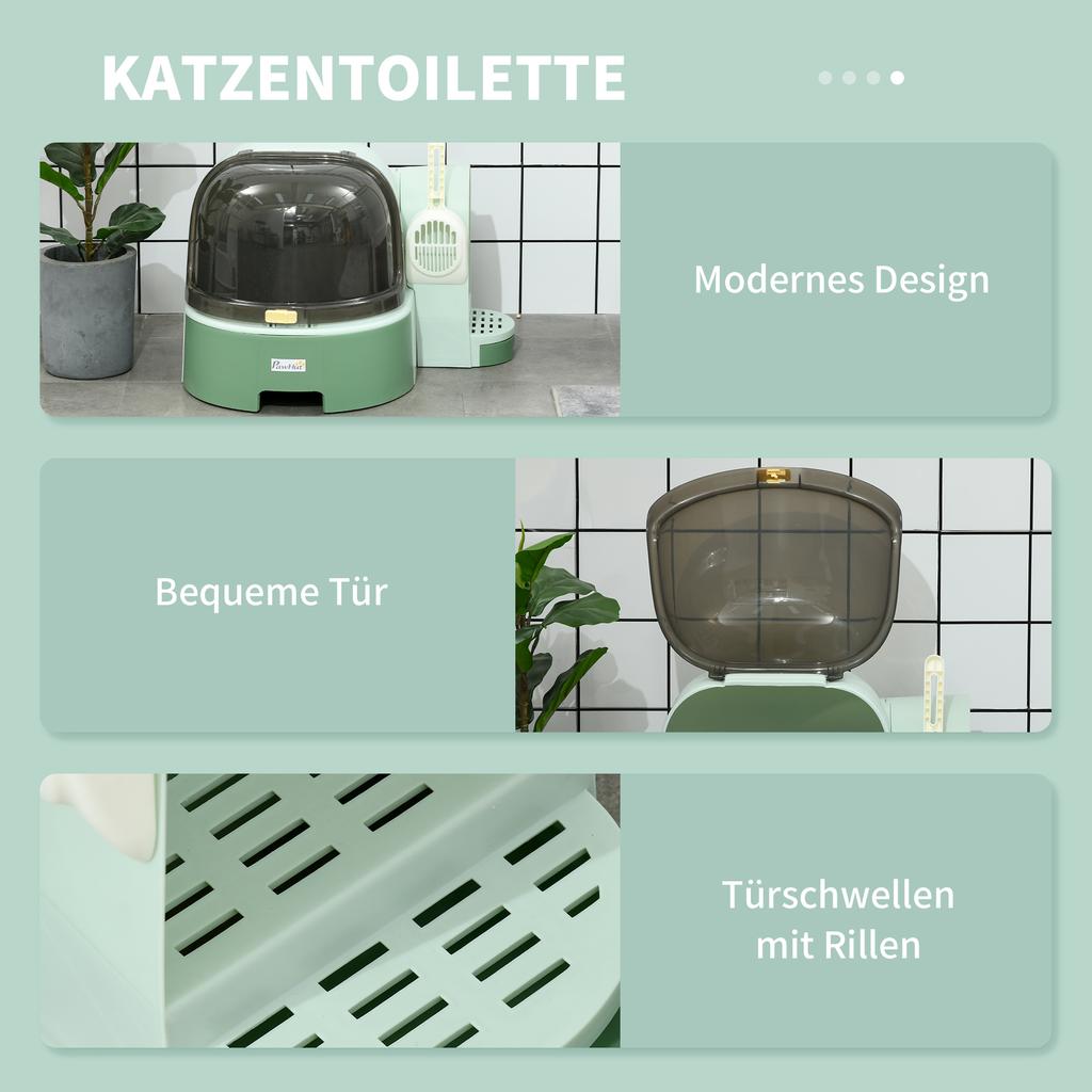 Cat Litter Box, 2 Pull-Out Trays, 1 Scoop, Litter Compartment, Removable Hood, Green and Black