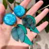 Handmade Pop Art Blue-Green Leaf Stud Earrings for Women