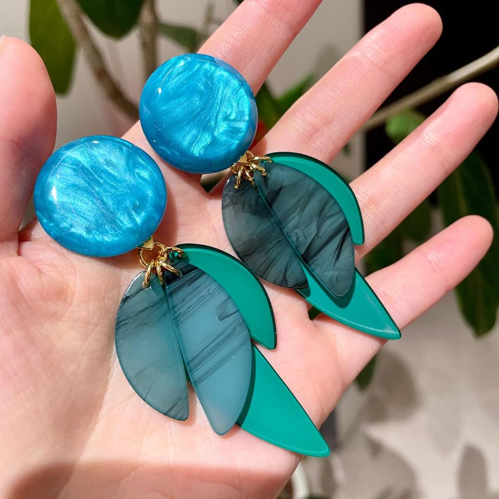 Handmade Pop Art Blue-Green Leaf Stud Earrings for Women
