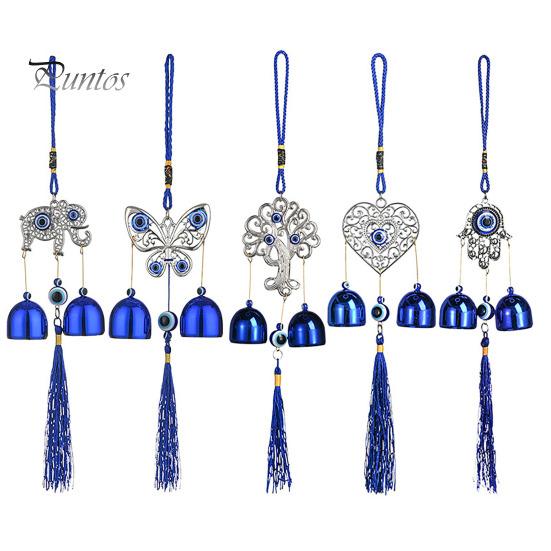 Синий злые глаза ветряная музыка с 2 колокольчиками для внутреннего и наружного использования в саду, патио, подвесной металлический ветряной колокольчик в форме сердца и дерева для бабочки