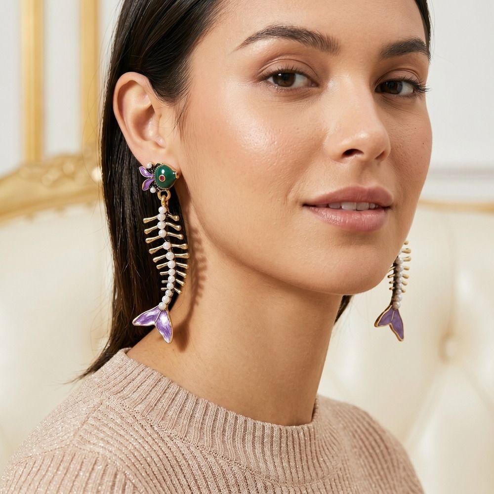 Creative Enamel Fishbone Dangle Earrings Fish Charm Metal Geometric Stud Earrings Alloy Retro Bohemian Dangle Earring Holiday
