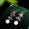 Exquisite and Luxurious Court-shaped Earrings for Women Retro Style Hetian Jade Enamel Porcelain Craft Hanfu Jewelry