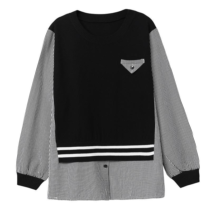 Весенний новый стиль слегка толстого Mm Design и поддельный двухсекционный полосатый свитер, который сделает вас стройнее, топ с круглым вырезом и длинными рукавами