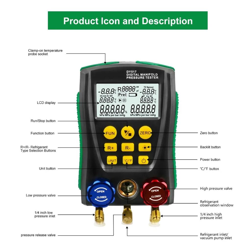 DY517 Digital AC Refrigerant Gauge Kit, HVAC Vacuum Pressure Meter, Electronic Manifold (Batteries Not Included)