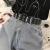 Women Punk Chain Belt Adjustable Black Double/Single Eyelet Grommet Metal Buckle Leather Waistband for Jeans