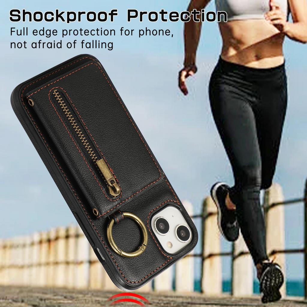 For iPhone 14/13 Leather Back Cover Zipper Wallet Kickstand Phone Case with Shoulder Strap