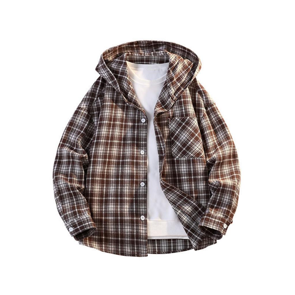 Мужская и женская свободная, повседневная и модная клетчатая рубашка с капюшоном с принтом, мужская рубашка с длинным рукавом на пуговицах, куртка