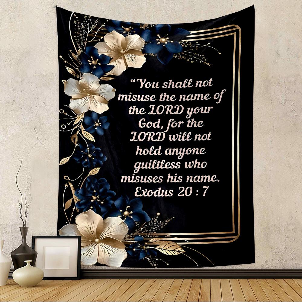 Exodus 20:7 Scripture Floral Gold Blue Tapestry Patterned Tapestry for bedroom and living room home decor sofas