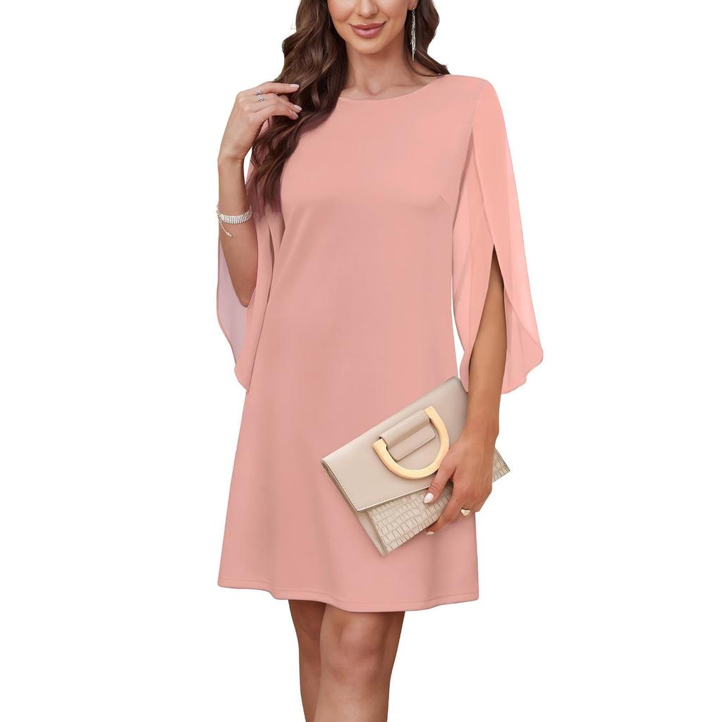 Women's Fashion Solid Color Round Neck Chiffon Patchwork Cape Half Sleeve Dresses