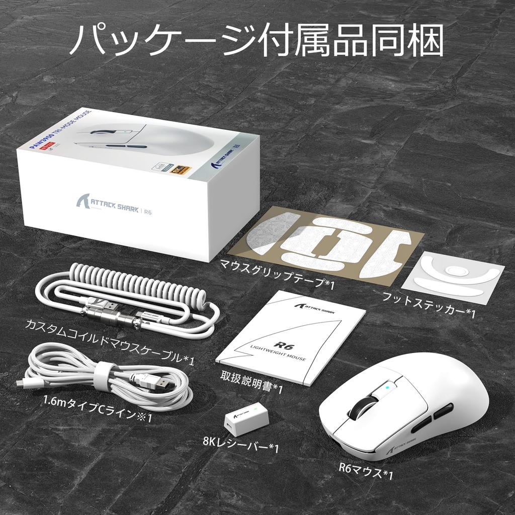 Игровая мышь ATTACK R6 подключение 8000 Гц сенсор PAW3950MAX чип Nordic52840 Оснащена эргономичным 8K ресивером Поставляется с наклейкой с японским