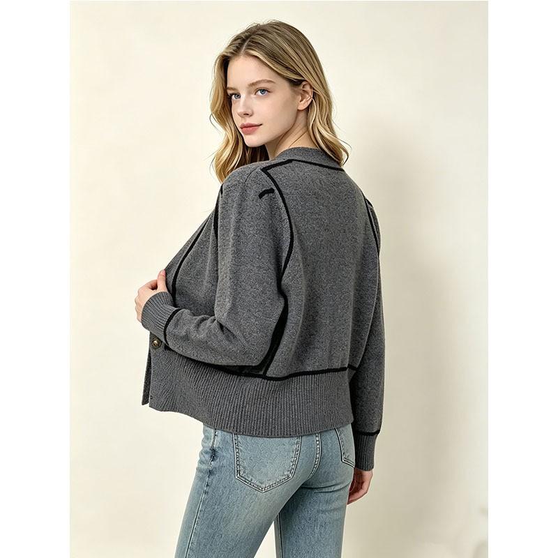 Womens Contrast Trim V-Neck Knit Cardigan Sweater Loose Short Fit Casual Winter Layering Top