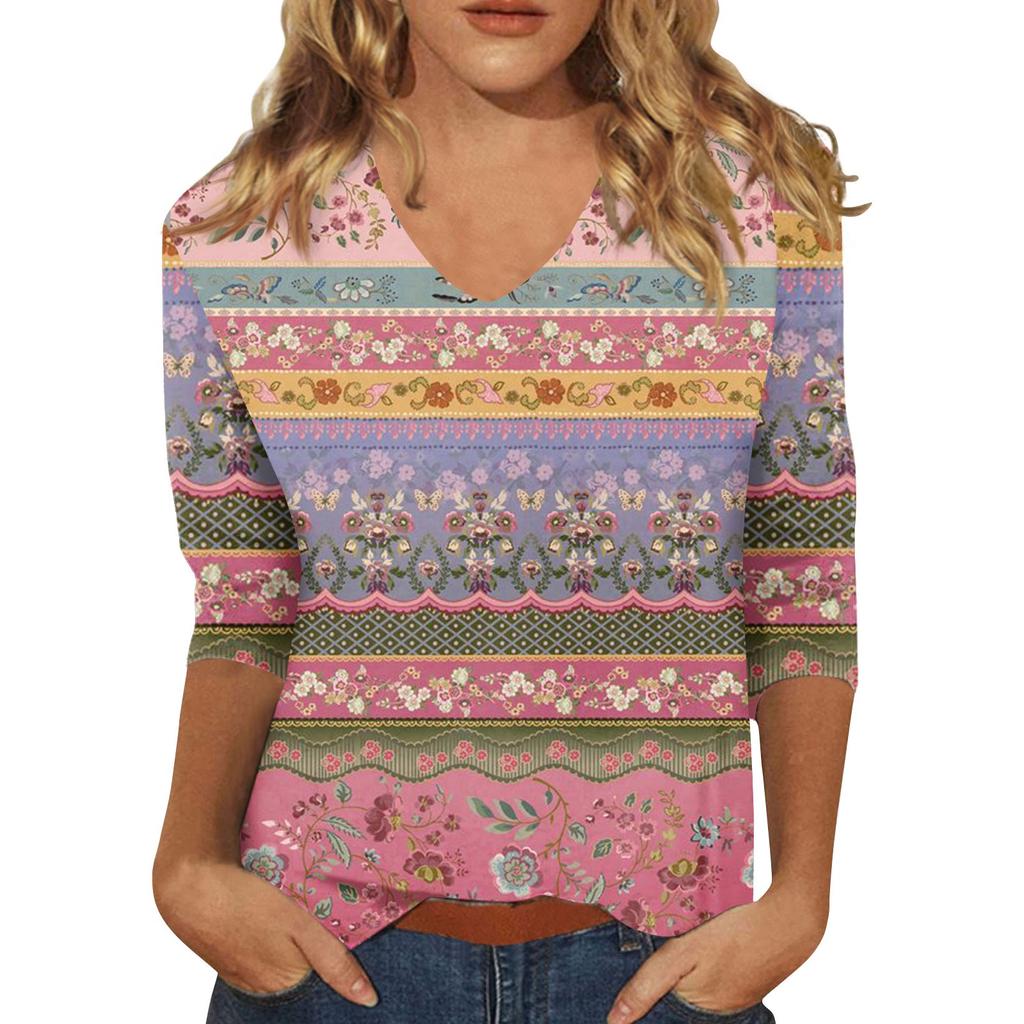 Women’s Fashion Everyday Everything Casual V-neck Seven-point Sleeve Printed T-shirt Top