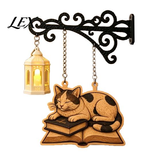 Bookworm Office Accessory Vintage Bookshelf Light with Cat Sleeping on Book Design, Retro Lantern Small Indoor Accent Lamp for Reading, Decorative LED