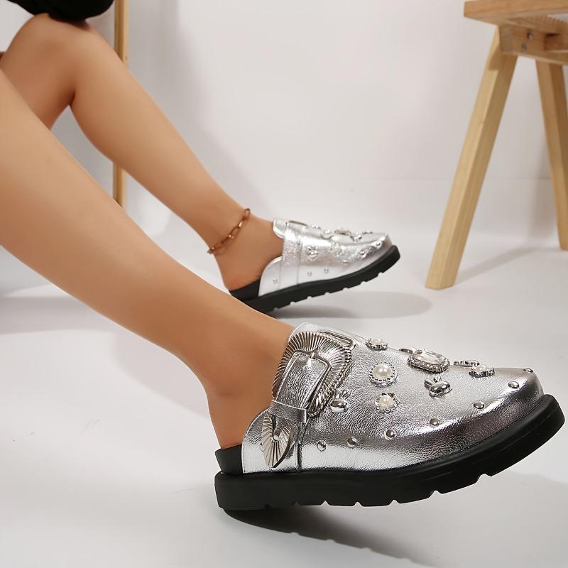 Women's Retro British-Inspired Platform Mules with Rivet Details - Slip-On, Round Toe, Faux Cover Casual Shoes