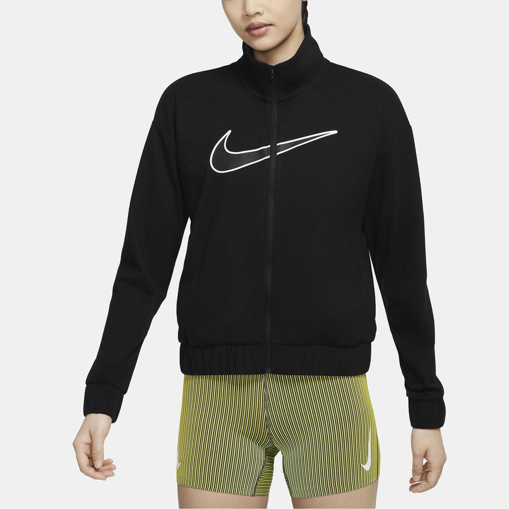 Nike Женская куртка-бомбер с молнией и воротником-стойкой, логотипом Swoosh Run, принтом, технология Dri-Fit, цвет черный DQ6384-010
