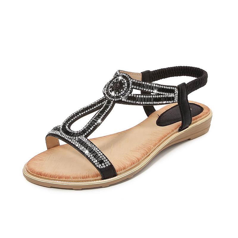 Большие размеры, босоножки на плоской подошве со стразами, удобные женские туфли в стиле бохо, лето 5151-2