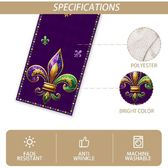 Mardi Gras Table Runner Purple Iris Fleur De Lis Tablecloth Fat Tuesday Brazil Carnival Masquerade Party Birthday Decorations and Supplies for Home