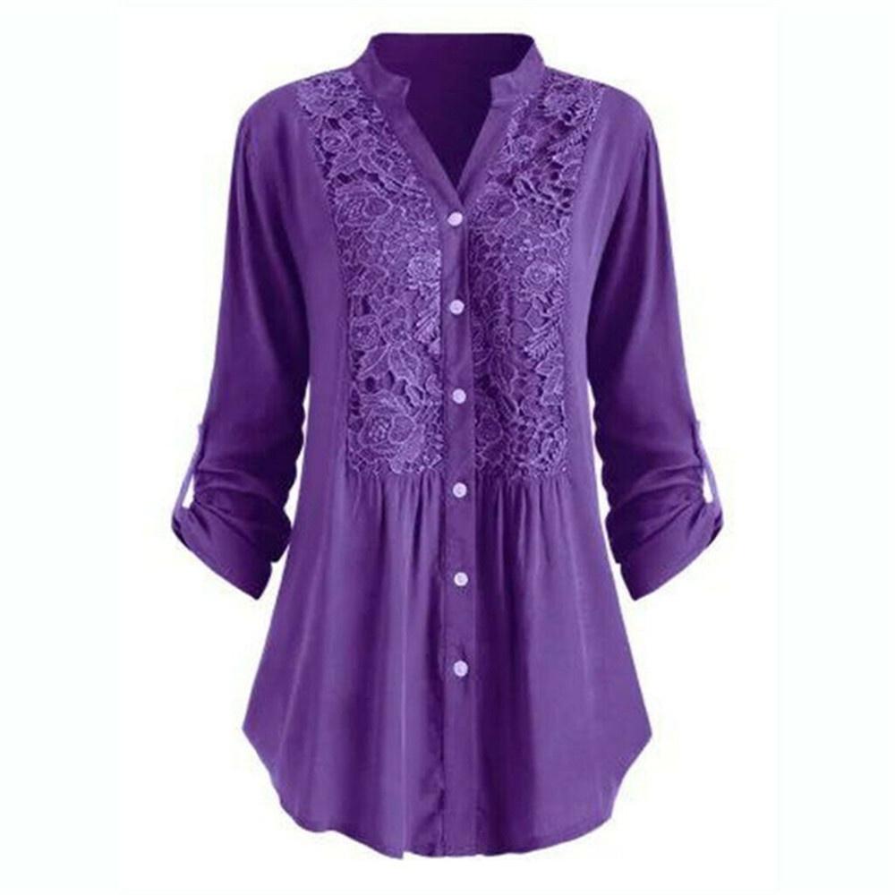 Women Solid Color Lace Splicing Single Breasted Shirt Casual Stand Collar Long Sleeves Plus Size T-Shirt Loose Cotton Blouse