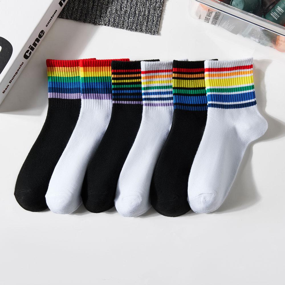 5 пар женских радужных носков, хлопковые милые полосатые белые носки, японские забавные носки в стиле Харадзюку, каваи